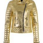 Golden Metallic Leather Padded Biker Jacket
