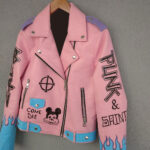 Hand Painted Flame Pink Biker Punk Style Leather Jacket