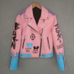 Hand Painted Flame Pink Biker Punk Style Leather Jacket