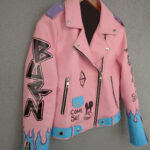 Hand Painted Flame Pink Biker Punk Style Leather Jacket