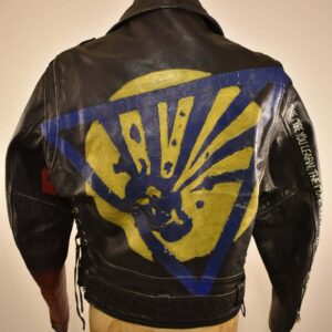 Black Hand Painted Yellow and Blue Flames Biker Jacket - Maker of
