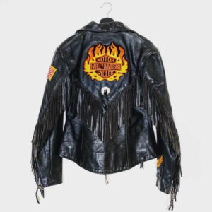 Harley Davidson Black Fringe Flame Biker Leather Jacket