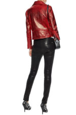 Red Metallic Cracked Leather Biker Jacket
