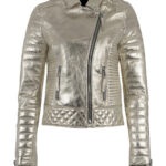 Silver Metallic Leather Padded Biker Jacket