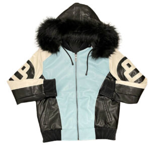 Sky Blue White 8 Ball Robert Phillipe Jacket with Fur Hood
