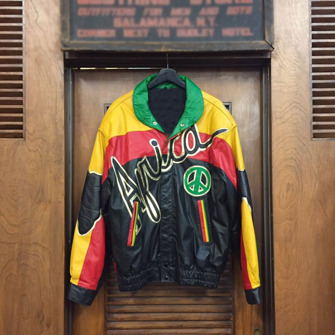 Vintage 1990 s Africa Pattern Color Block Leather Jacket Maker of Jacket