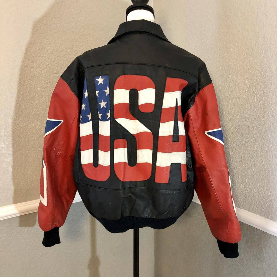 Vintage USA Flag Leather Super Patriotic Bomber Jacket
