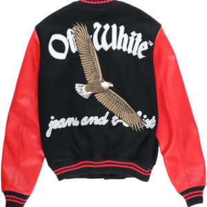Black Eagle Logo Red Leather Varsity Bomber Jacket