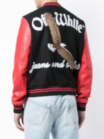 Black Eagle Logo Red Leather Varsity Bomber Jacket Back