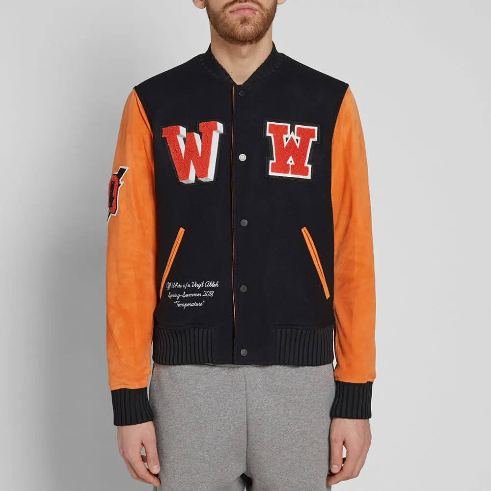 Black Eagle Temp Orange Leather Sleeve Varsity Jacket (2) Black Eagle Temp Orange Leather Sleeve Varsity Jacket