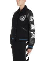 Black Logo Patch Sleeved Leather And Wool Blend Jacket