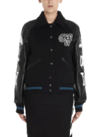 Black Logo Patch Sleeved Leather And Wool Blend Jacket