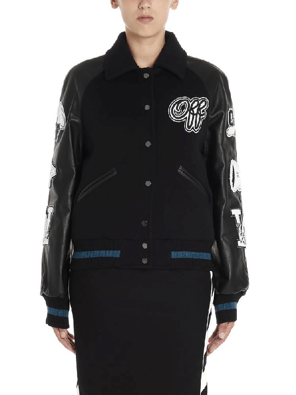 Black Logo Patch Sleeved Leather And Wool Blend Jacket (4) Black Logo Patch Sleeved Leather And Wool Blend Jacket