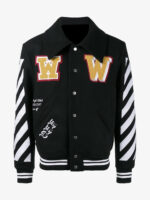 Black Wool White Logo Striped Sleeves Varsity Jacket