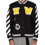Black Wool White Striped Sleeves Varsity Bomber Jacket