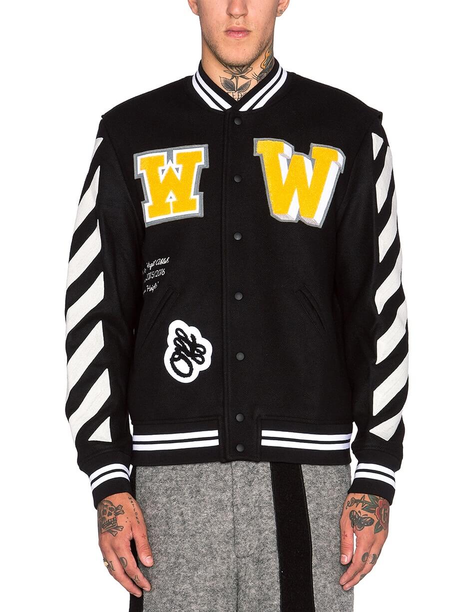 Black Wool White Striped Sleeves Varsity Bomber Jacket (2) Black Wool White Striped Sleeves Varsity Bomber Jacket