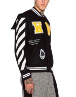Black Wool White Striped Sleeves Varsity Bomber Jacket