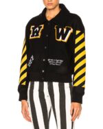 Black Wool Yellow Logo Striped Sleeves Varsity Jacket