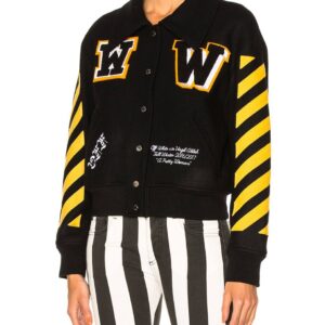 Black Wool Yellow Logo Striped Sleeves Varsity Jacket