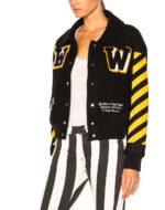 Black Wool Yellow Logo Striped Sleeves Varsity Jacket