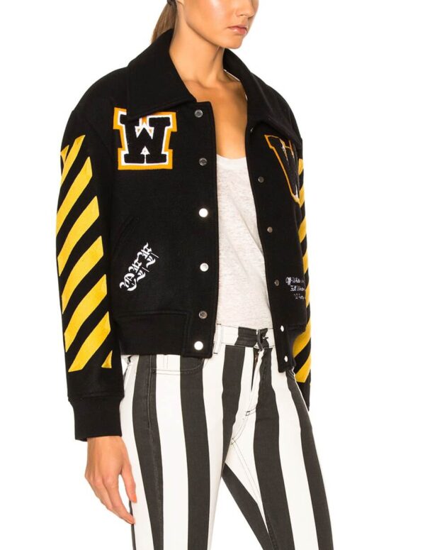Black Wool Yellow Logo Striped Sleeves Varsity Jacket