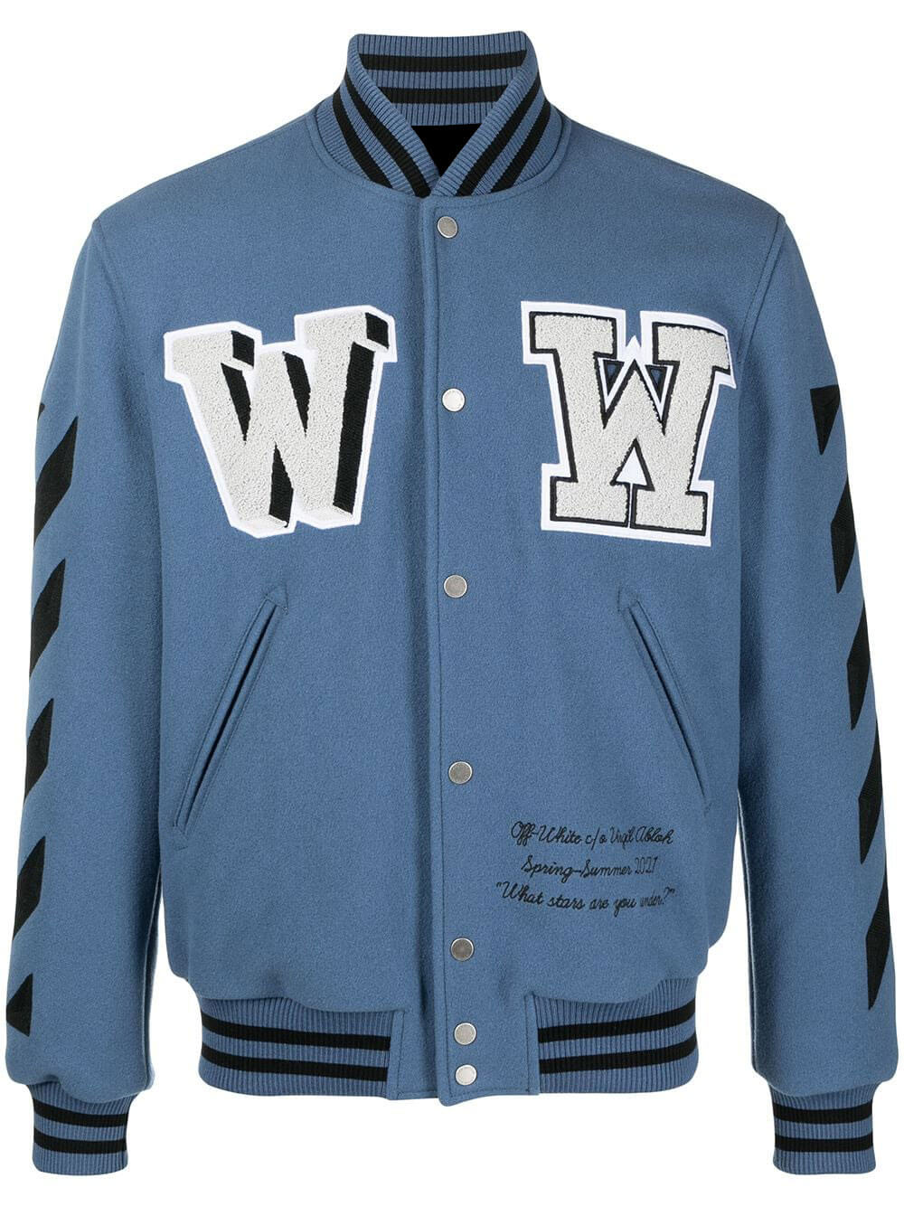 Blue Wool Black Striped Sleeves Varsity Bomber Jacket