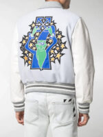Grey White Embroidered Varsity Bomber Jacket