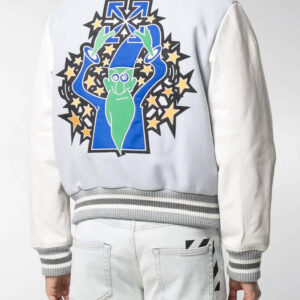 Grey White Embroidered Varsity Bomber Jacket