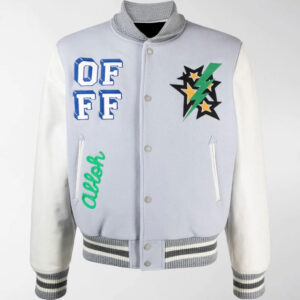 Grey White Embroidered Varsity Bomber Jacket