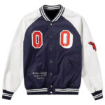 Navy and White Cotton Blend and Leather Varsity Jacket