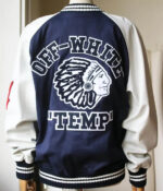 Navy and White Cotton Blend and Leather Varsity Jacket