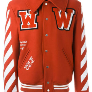 Red Wool White Logo Striped Sleeves Varsity Jacket