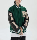 Green Skeleton Bone Patch Varsity Jacket