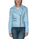 Sky Blue Studded Biker Leather Jacket