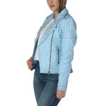 Sky Blue Studded Biker Leather Jacket