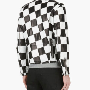 Checkered Black White Leather Biker Jacket