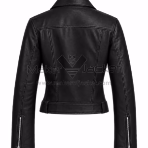Back View Of Alicia Clark Black Leather Jacket Featuring Textured Leather and Sleeve Zippers.