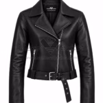 Front View Of Alicia Clark Black Leather Jacket Featuring Asymmetrical Zipper and adjustment Belt.