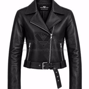 Front View Of Alicia Clark Black Leather Jacket Featuring Asymmetrical Zipper and adjustment Belt.
