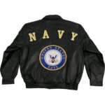 Black Navy Leather Bomber Jacket With Navy Logo