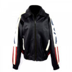 Black USA Flag Bomber Leather Jacket