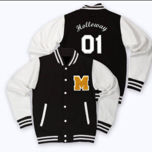 Black White Gold M Letterman Baseball Varsity Jacket