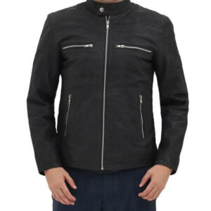 Distressed Black Retro Cafe Racer Leather Jacket