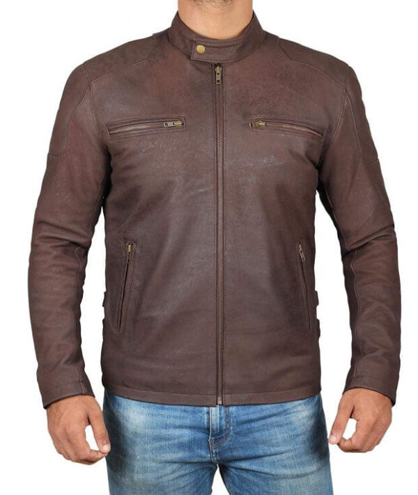 Distressed Brown Retro Cafe Racer Leather Jacket