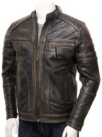 Distressed Brown Vintage Leather Cafe Racer Jacket