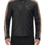 Harland Stripe Black Leather Cafe Racer Jacket