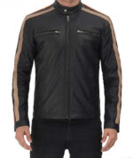 Harland Stripe Black Leather Cafe Racer Jacket
