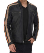 Harland Stripe Black Leather Cafe Racer Jacket