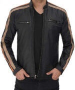 Harland Stripe Black Leather Cafe Racer Jacket