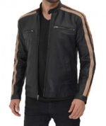 Harland Stripe Black Leather Cafe Racer Jacket